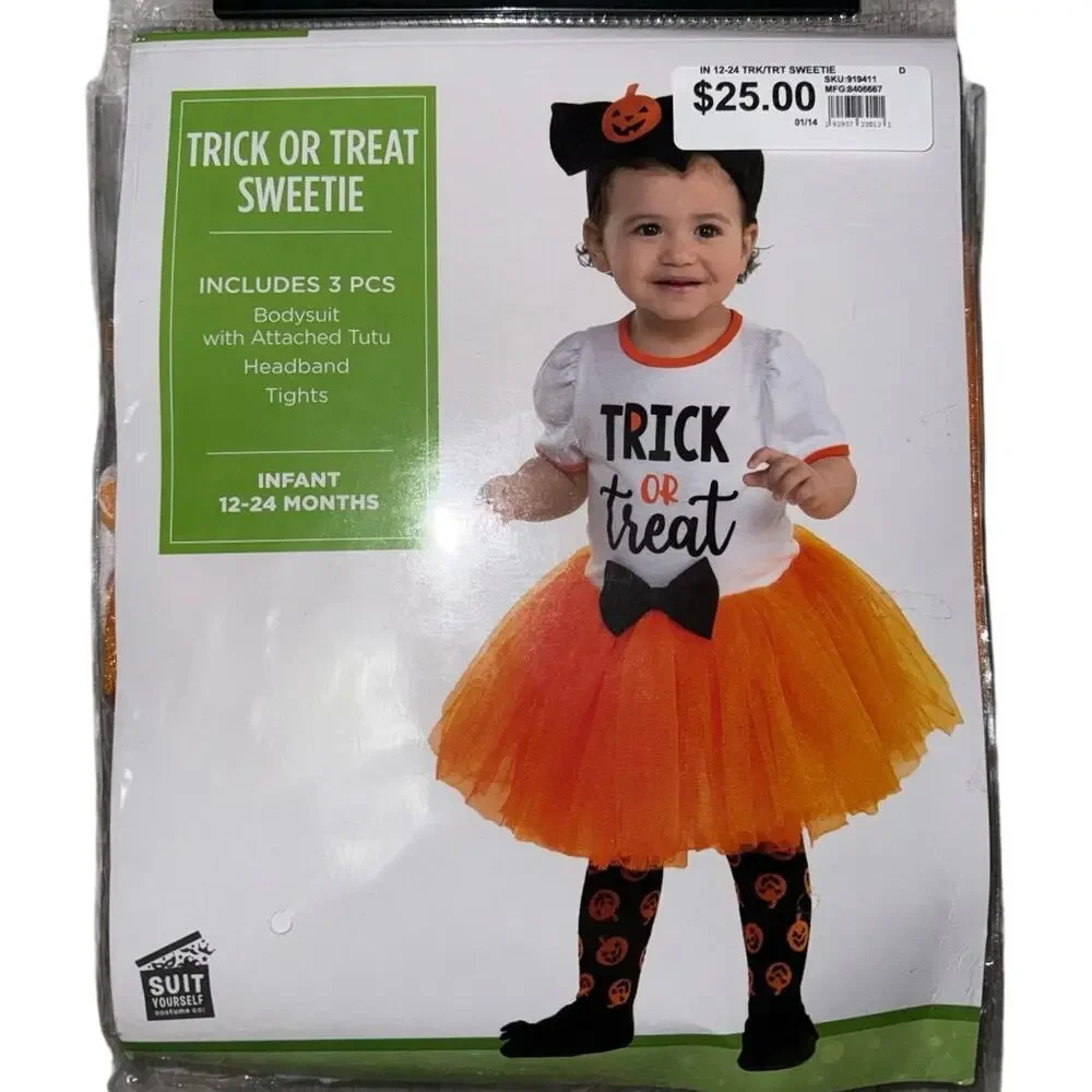 New Infant Trick or Treater White/Orange Dress with Headband Halloween Costume